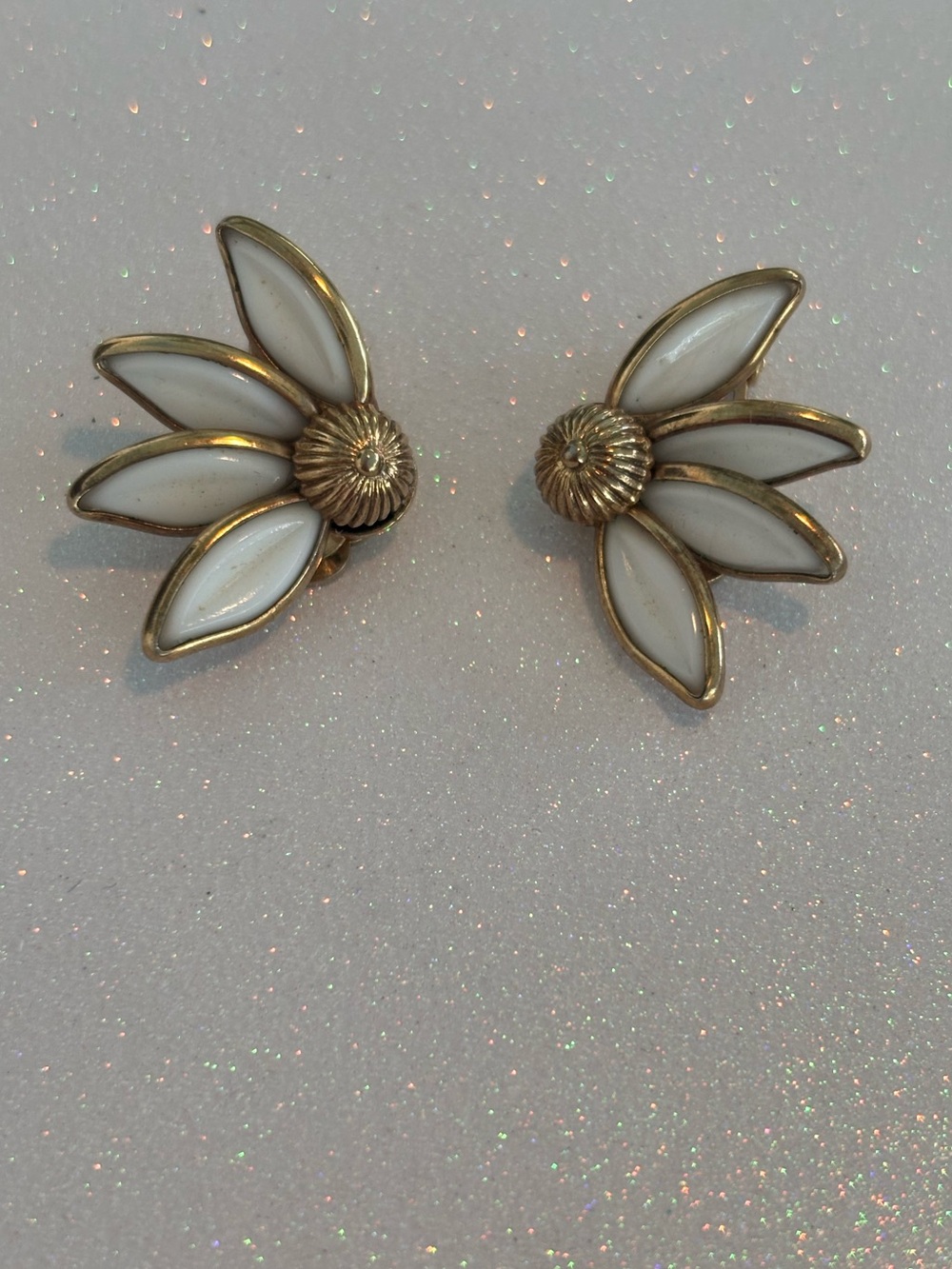 Antique Crown Trifari Milk Glass Flower Clip Earrings